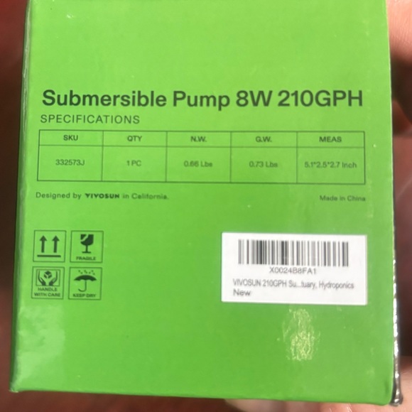 Vivosun Submersible Pump 8W 210GPH, New - Picture 3 of 4